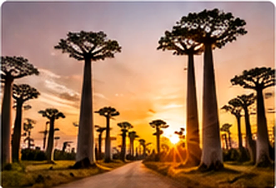 Baobabs géants au soleil couchant